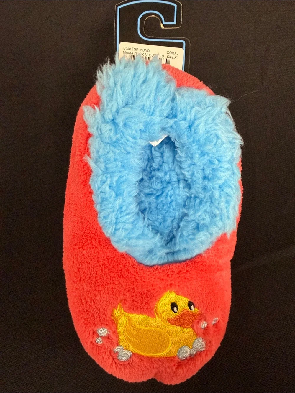 Snoozies! Toddlers Plush Slippers - Red with Blue Lining, Duck Embroidery